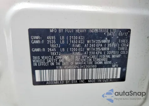 2017 Subaru Outback 2.5I Limited z USA, uszkodzony, nr VIN 4S4BSANC0H3366980